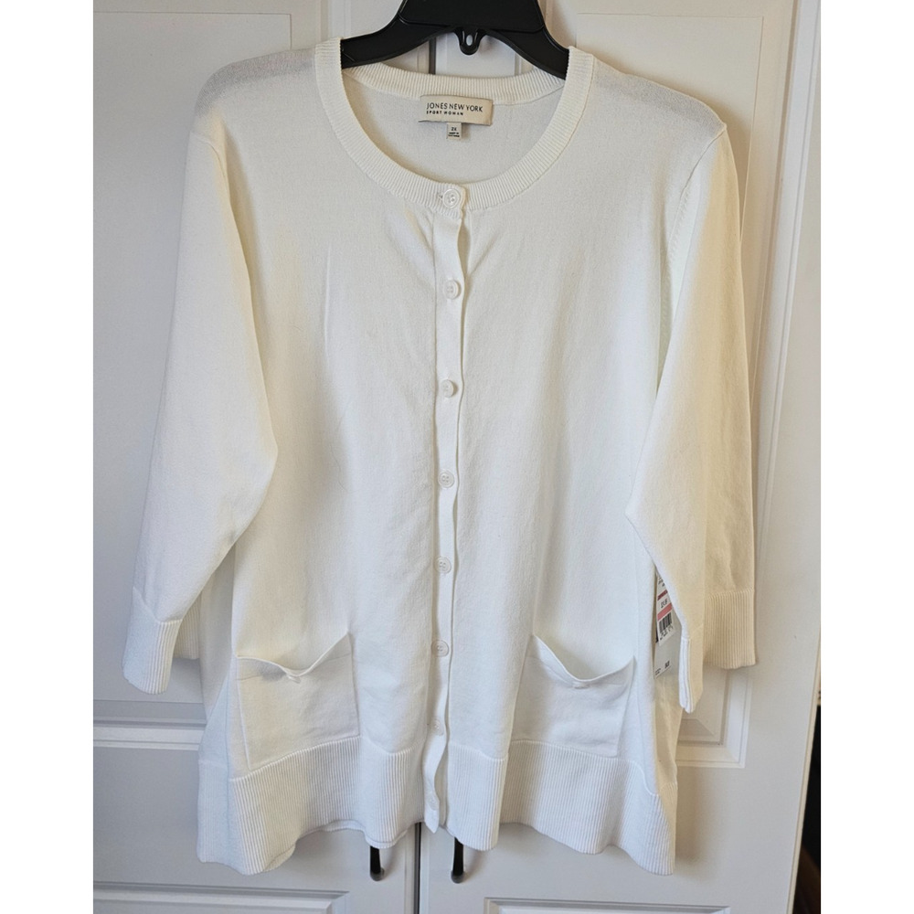 NWT Jones New York White Cardigan Cotton/Nylon 2 Pocket Cardigan Sweater $84 2XL - Picture 2 of 8